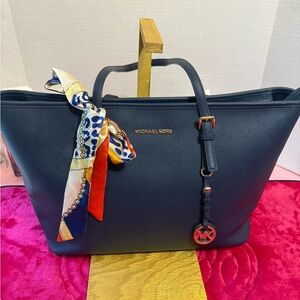 Michael Kors Navy blue Tote with Vibrant Scarf